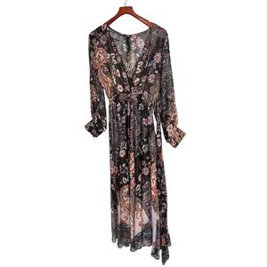 Spy Zone Exchange Paisley‎ Print Sheer Maxi Dress Long Sleeve V Neck Womens M